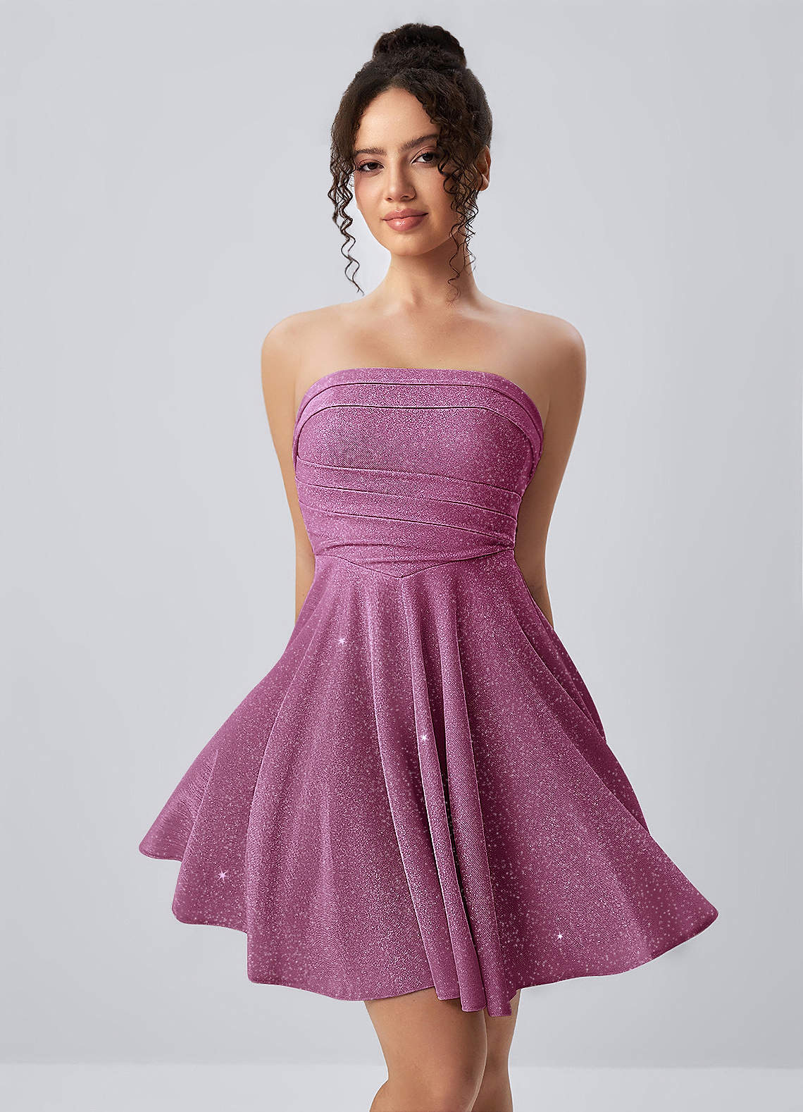 Jacinthe Skater Strapless Glitter Knit Mini Prom Dress in Fuchsia