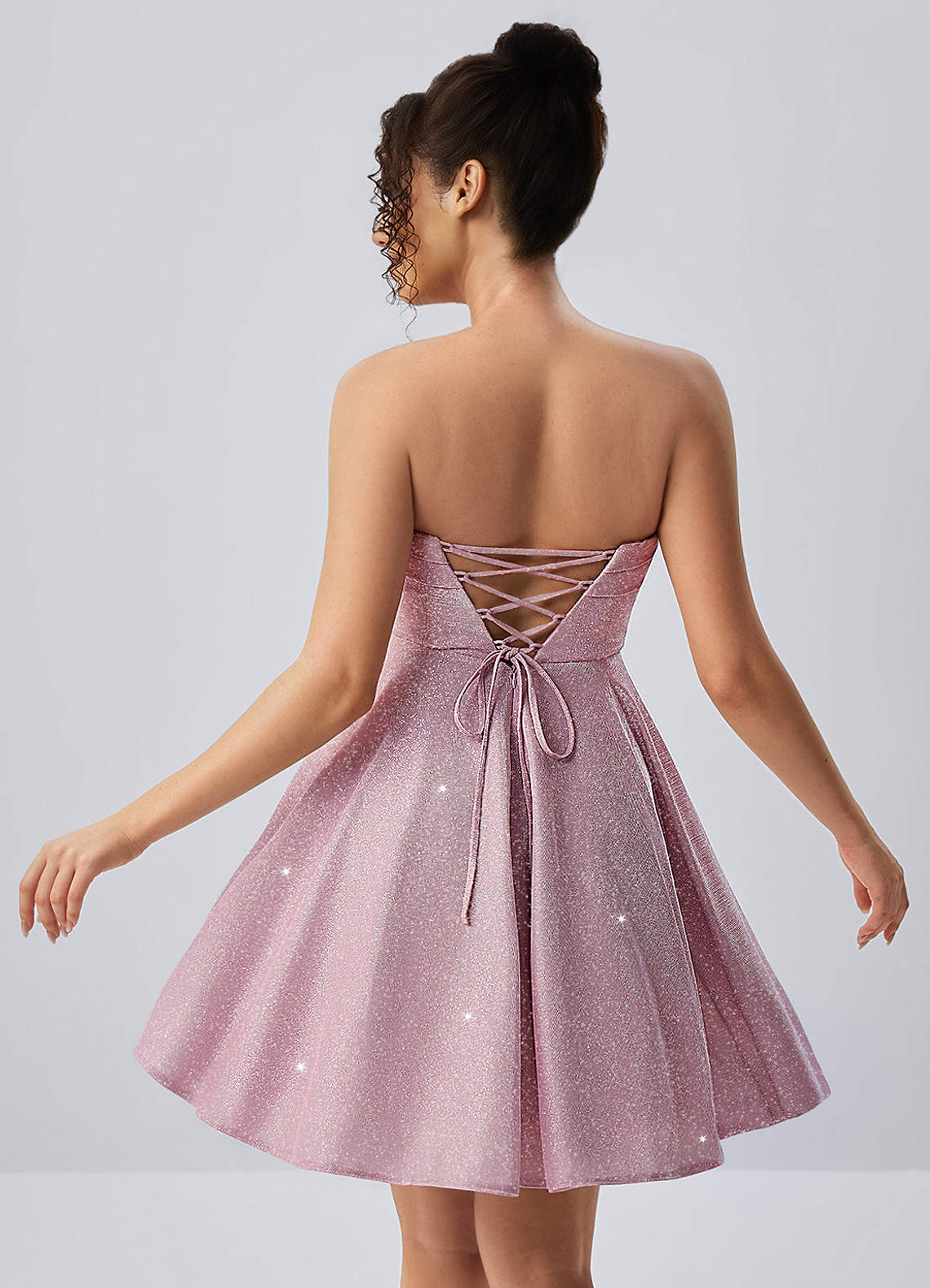 Jacinthe Skater Strapless Glitter Knit Mini Prom Dress in Pink