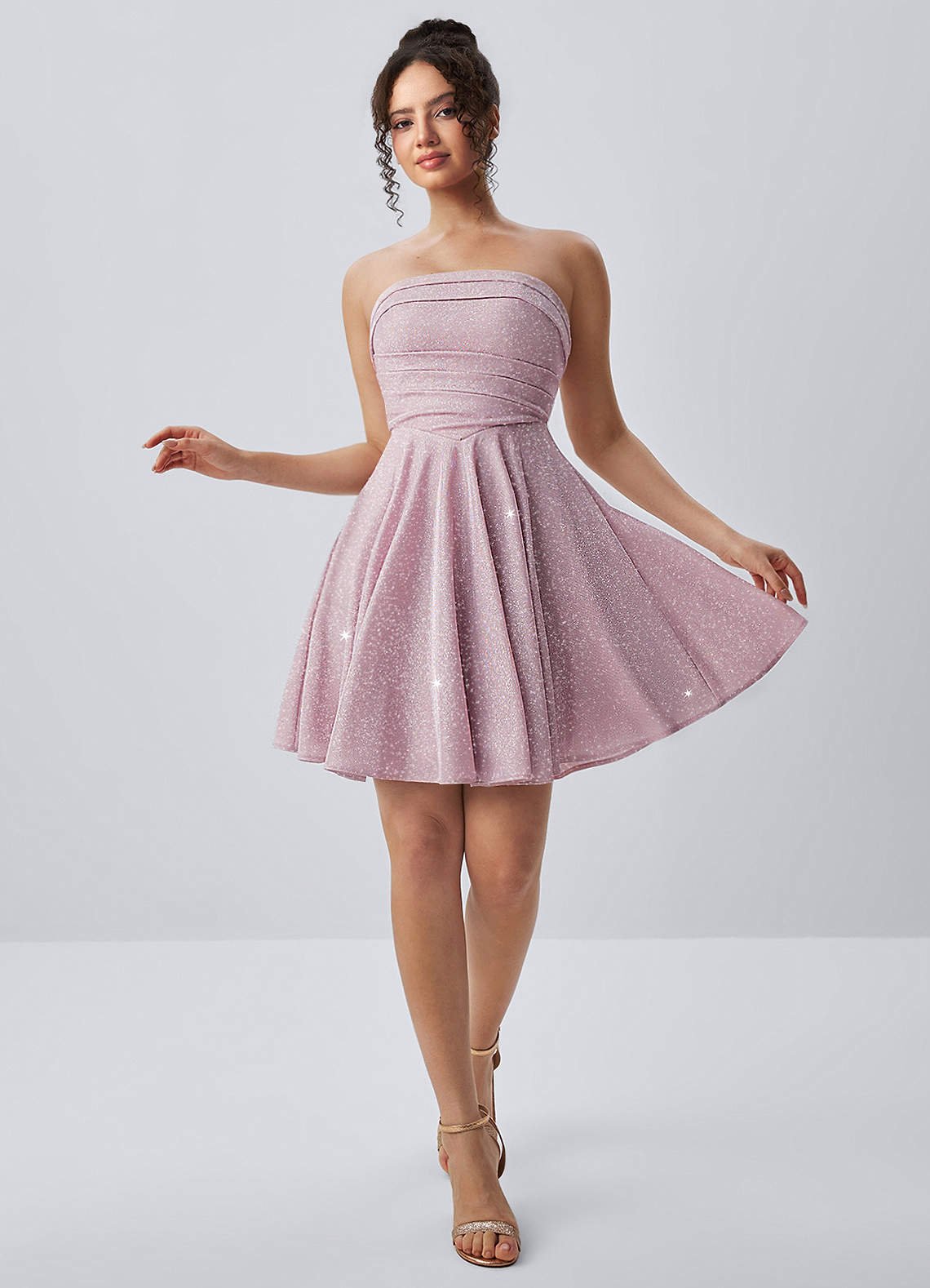 Jacinthe Skater Strapless Glitter Knit Mini Prom Dress in Pink