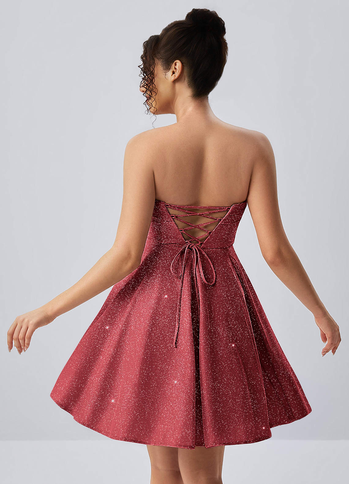 Jacinthe Skater Strapless Glitter Knit Mini Prom Dress in Red