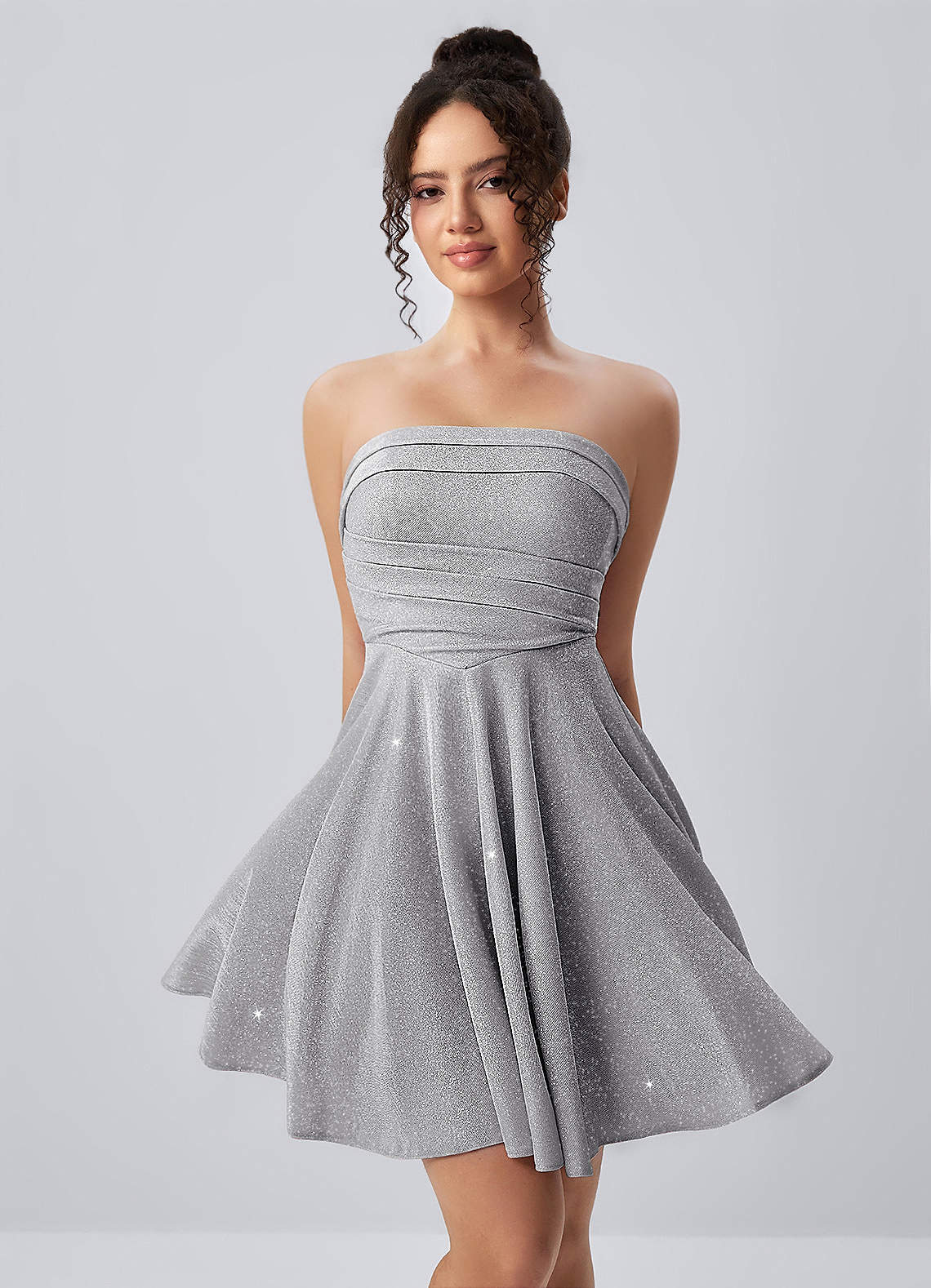 Jacinthe Skater Strapless Glitter Knit Mini Prom Dress in Silver