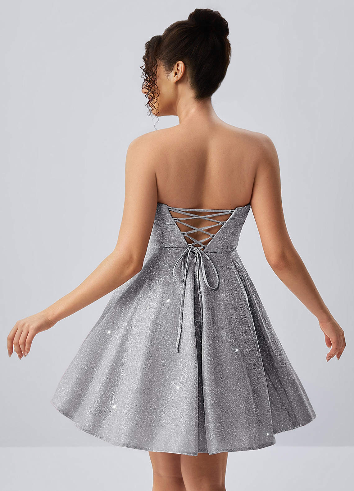 Jacinthe Skater Strapless Glitter Knit Mini Prom Dress in Silver