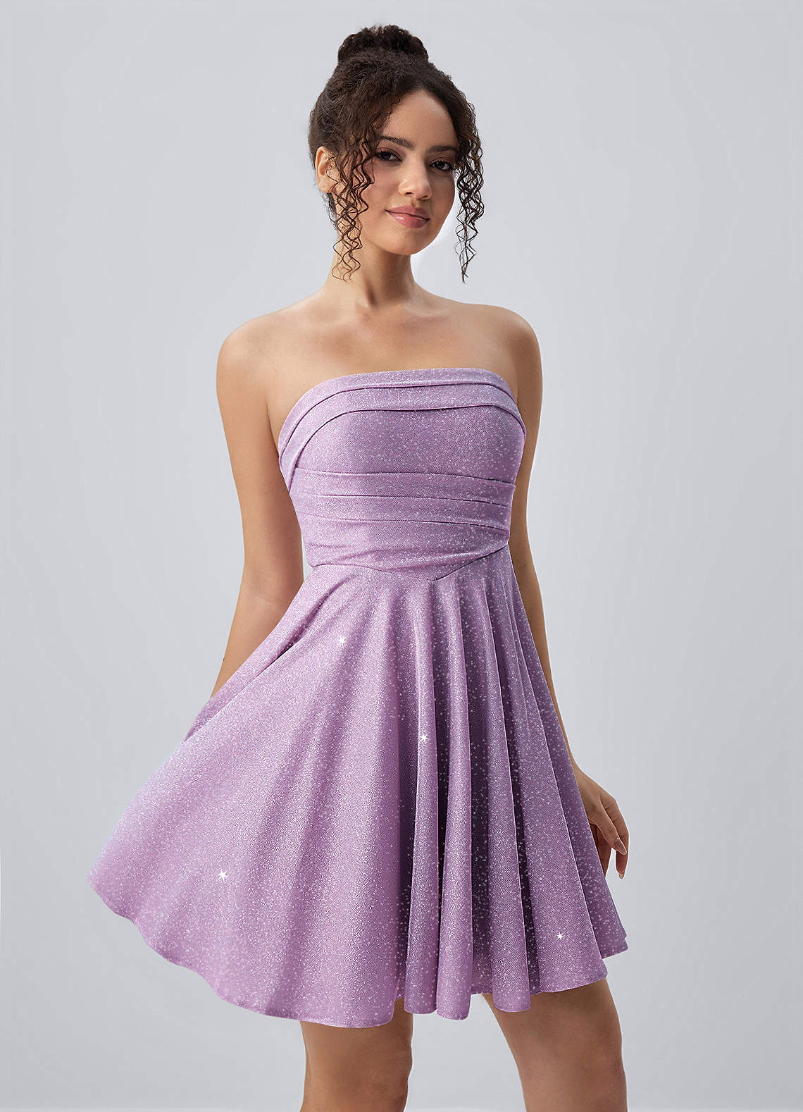 Jacinthe Skater Strapless Glitter Knit Mini Prom Dress in Lilac