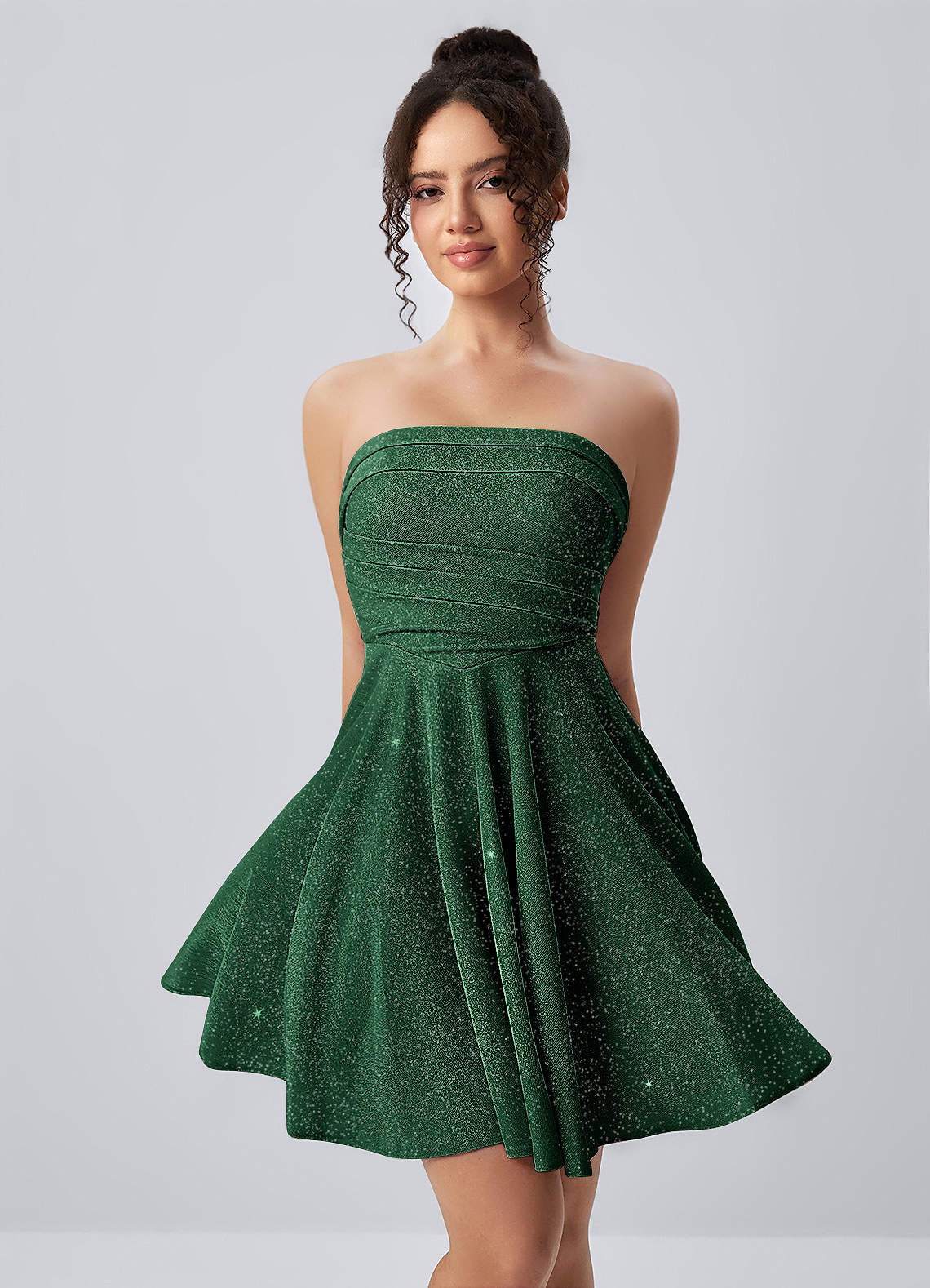 Jacinthe Skater Strapless Glitter Knit Mini Prom Dress in Dusty Green