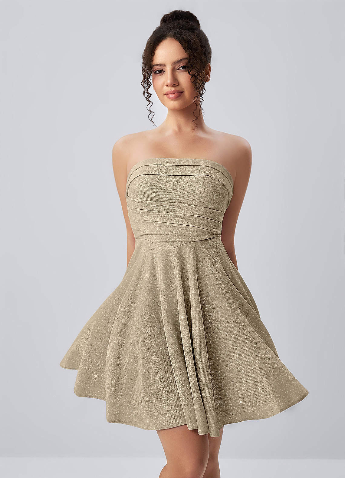 Jacinthe Skater Strapless Glitter Knit Mini Prom Dress in Gold