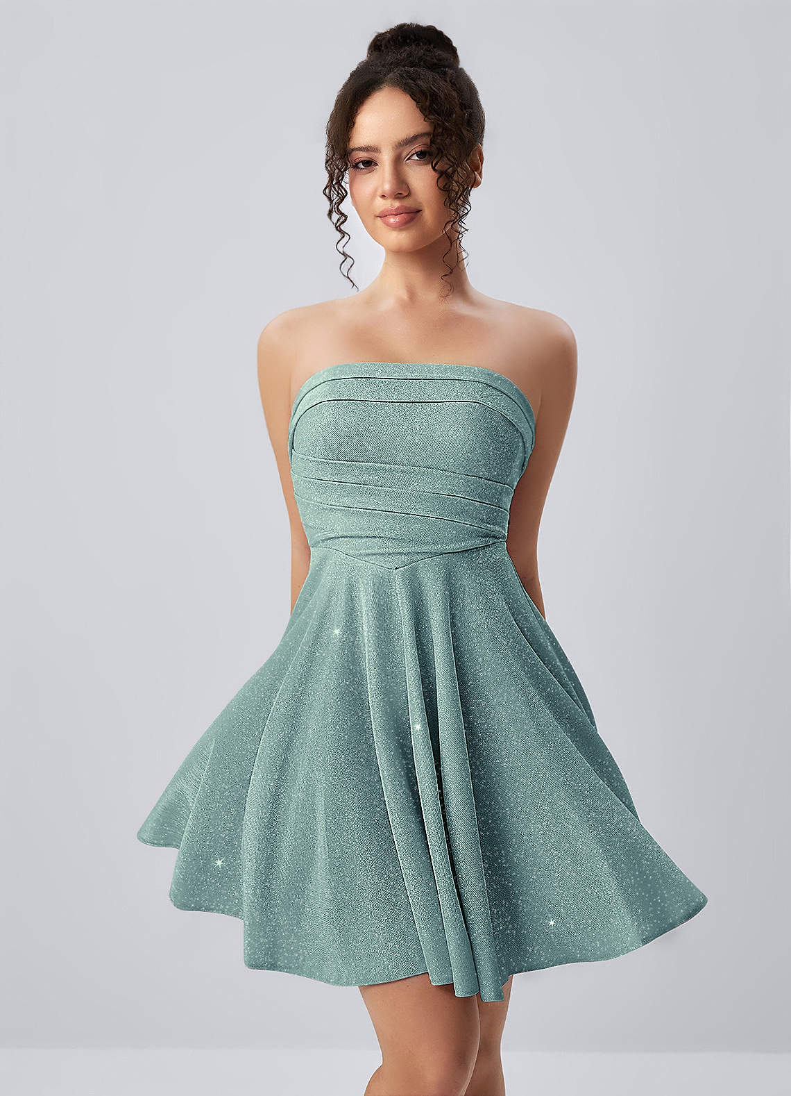 Jacinthe Skater Strapless Glitter Knit Mini Prom Dress in Light Green