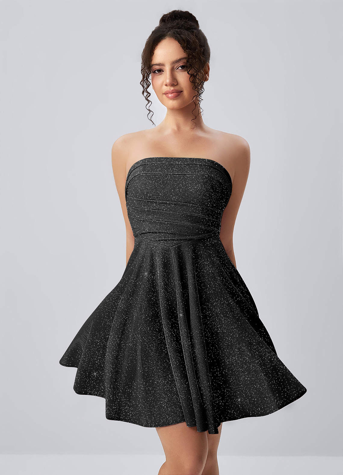 Jacinthe Skater Strapless Glitter Knit Mini Prom Dress in black