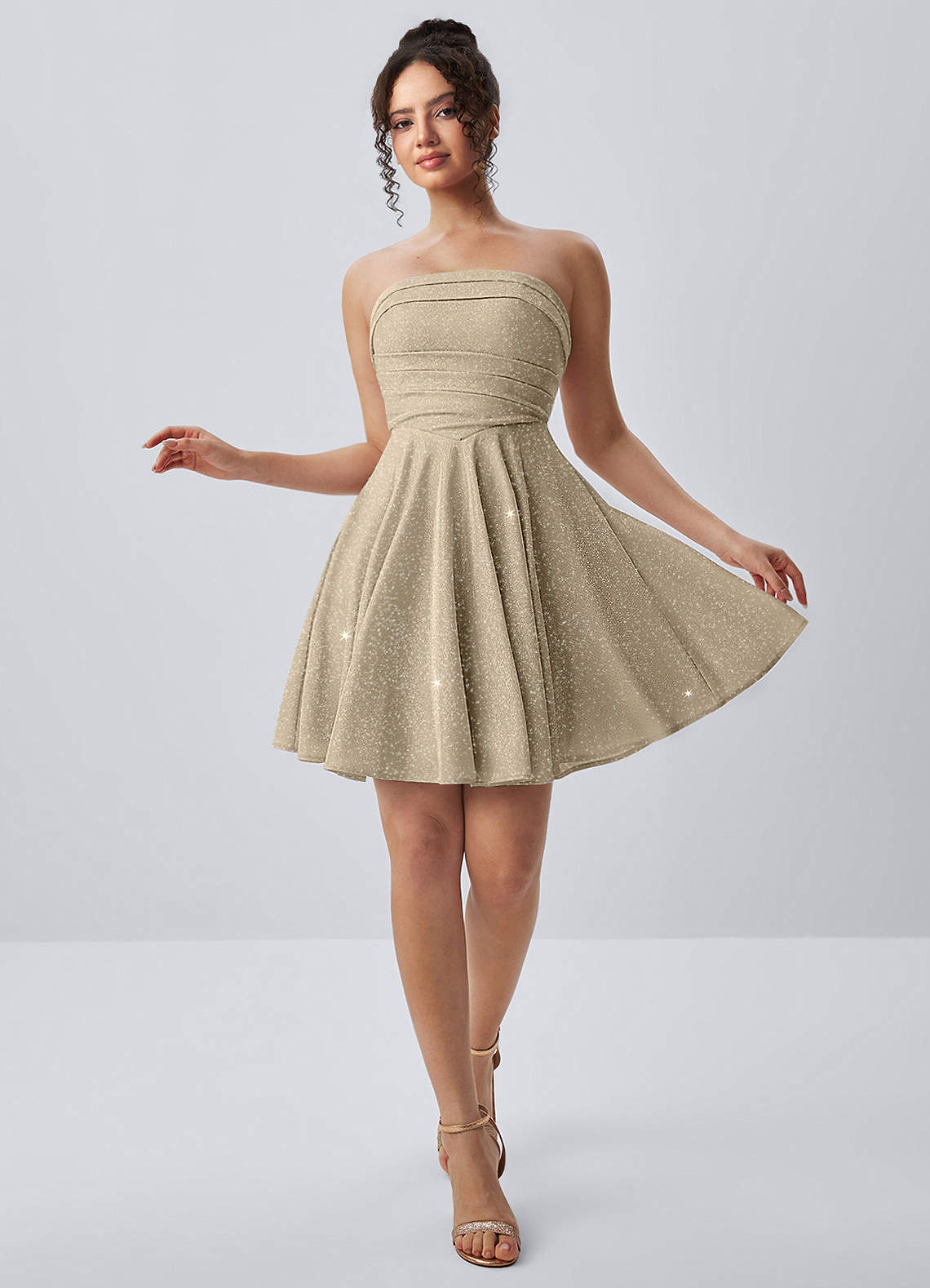 Jacinthe Skater Strapless Glitter Knit Mini Prom Dress in Gold