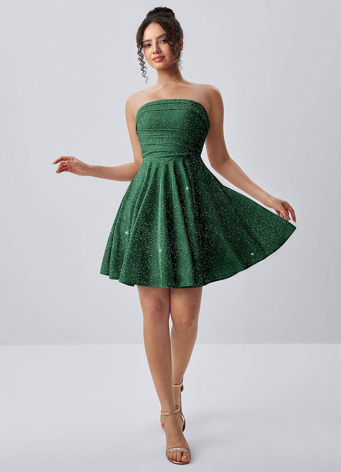 Jacinthe Skater Strapless Glitter Knit Mini Prom Dress in Dusty Green