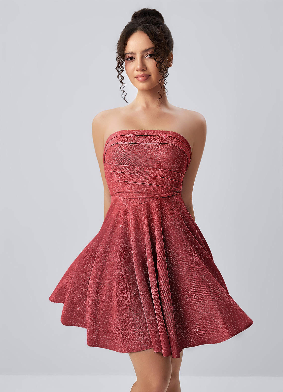 Jacinthe Skater Strapless Glitter Knit Mini Prom Dress in Red