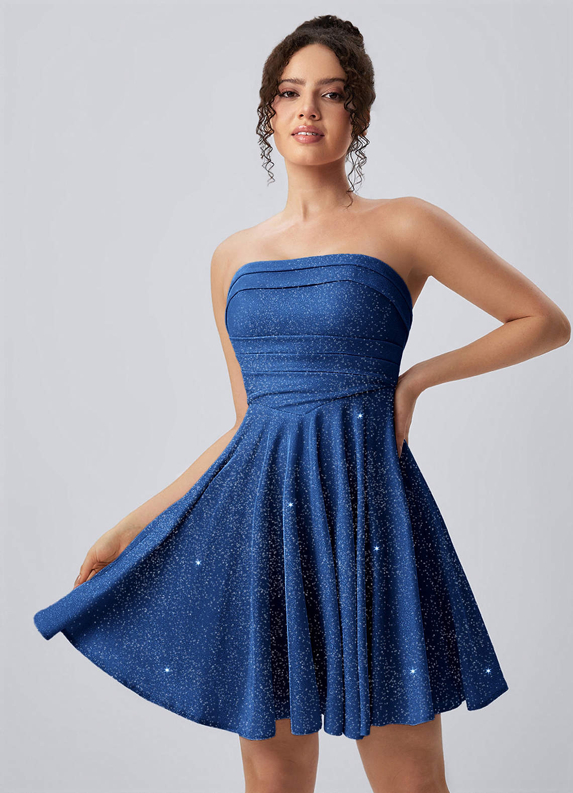 Jacinthe Skater Strapless Glitter Knit Mini Prom Dress in Royal Blue