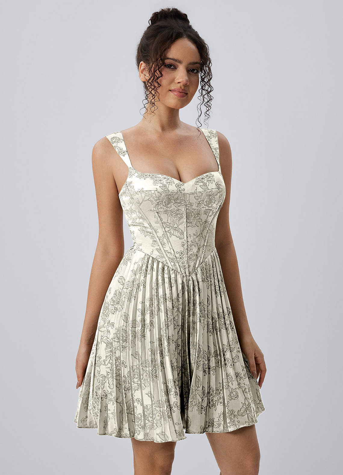 Jade A-Line Mini Corset Floral Satin Prom Dress in Cream