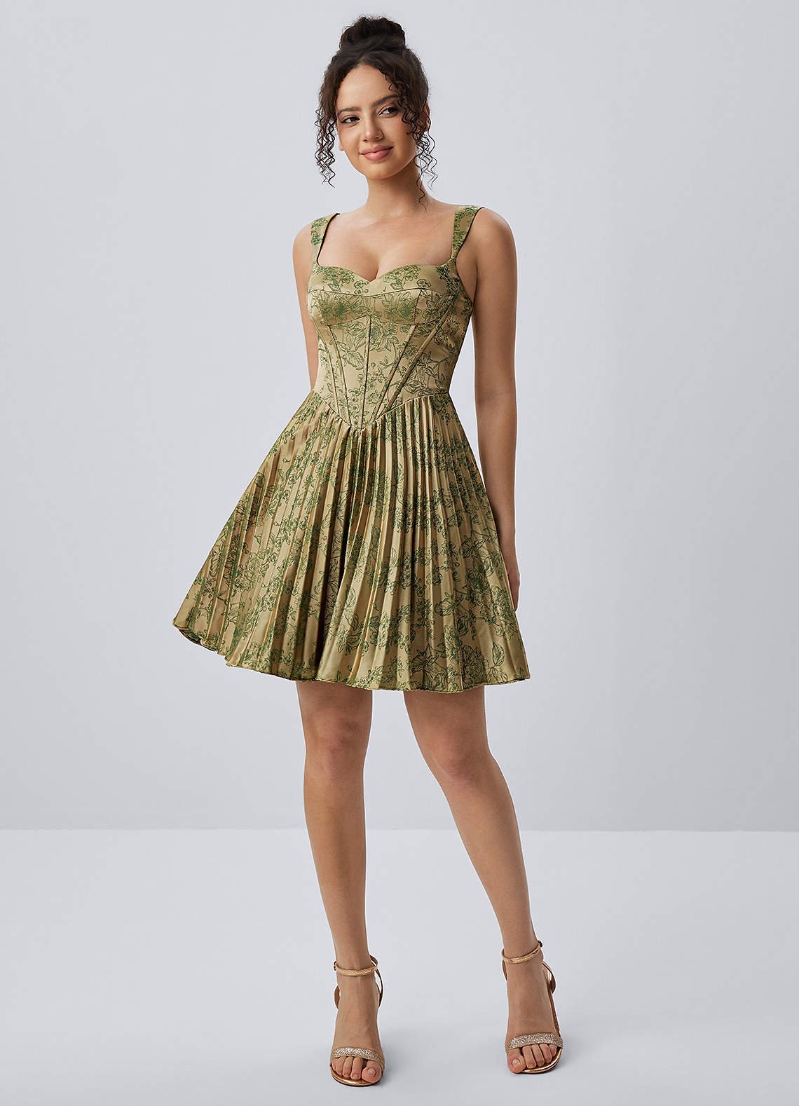Jade A-Line Mini Corset Floral Satin Prom Dress in Green Brown