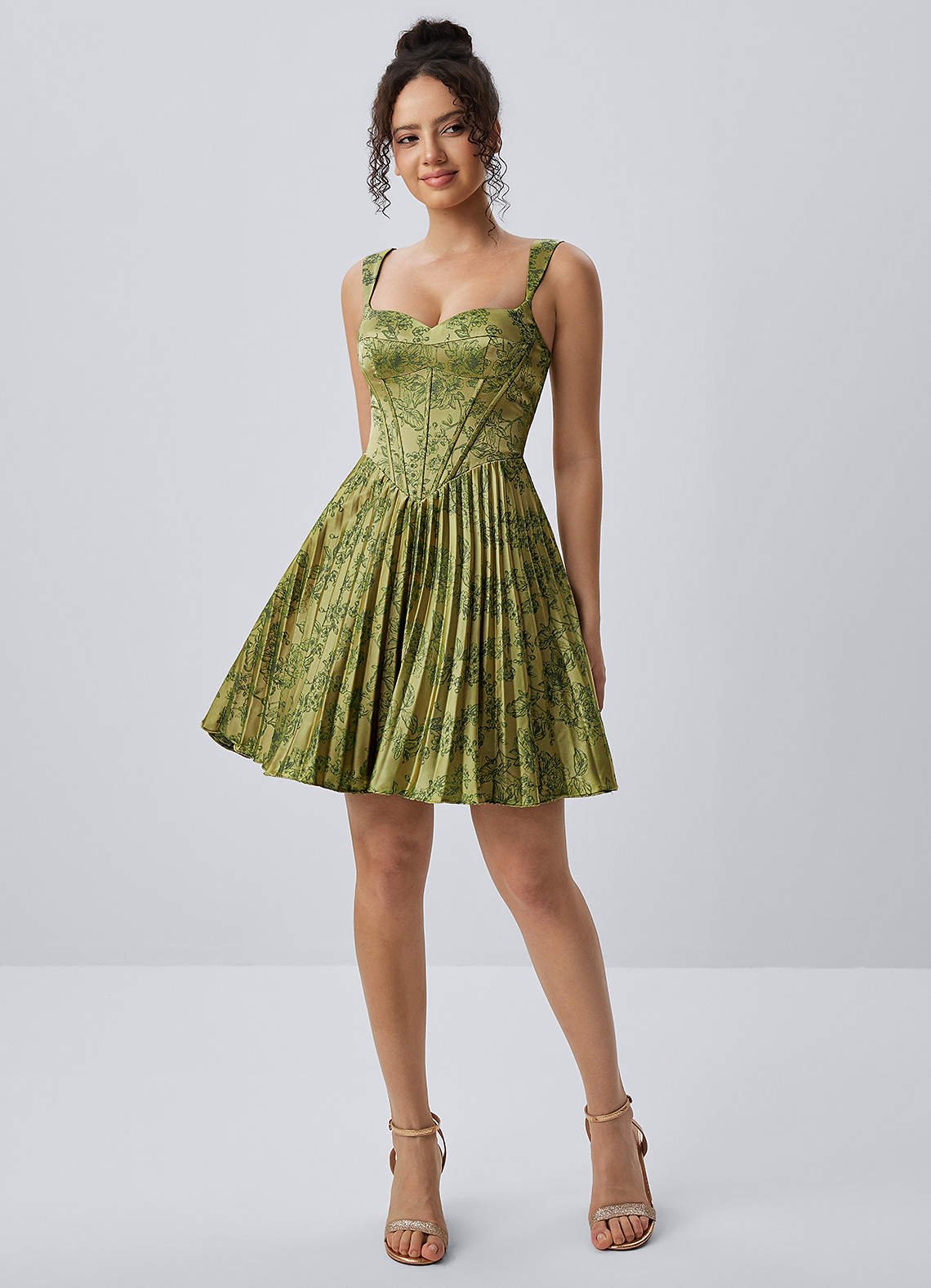 Jade A-Line Mini Corset Floral Satin Prom Dress in Moss Navy