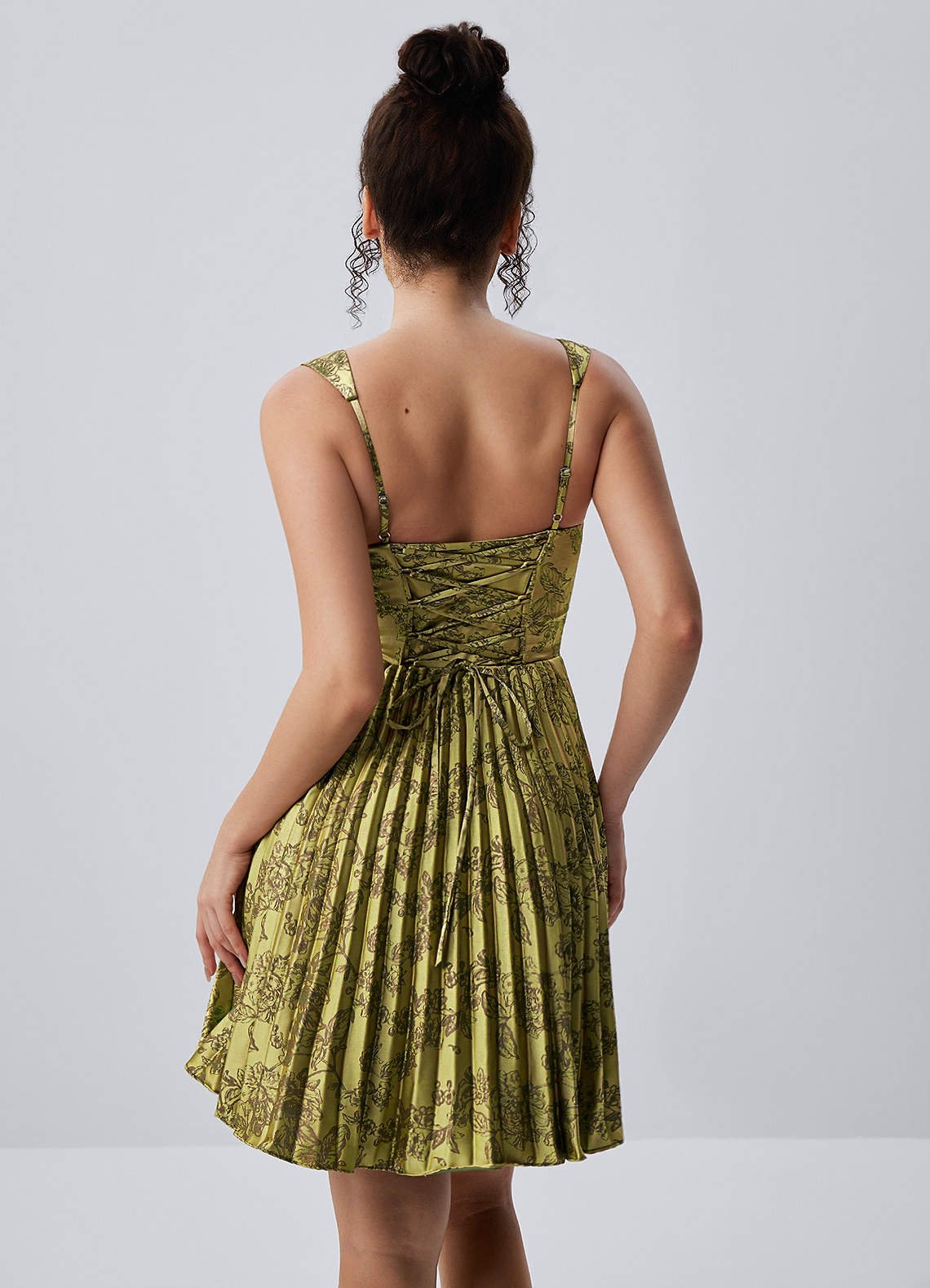 Jade A-Line Mini Corset Floral Satin Prom Dress in Moss Brown