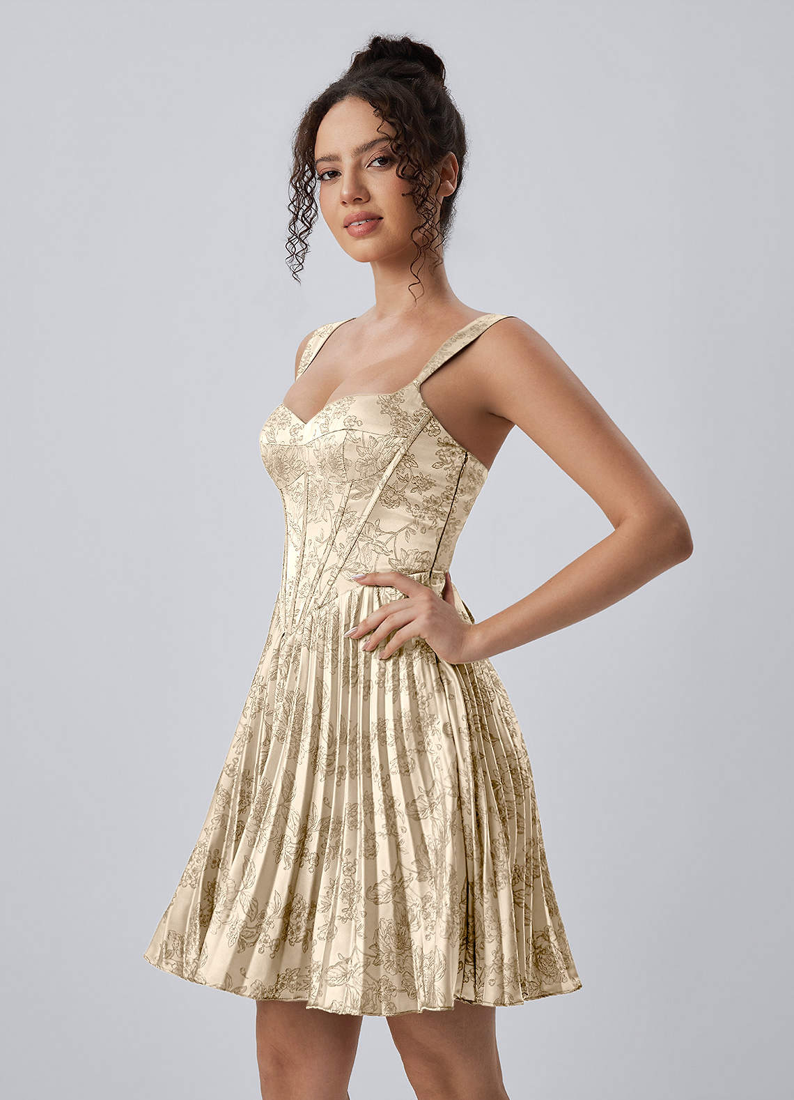 Jade A-Line Mini Corset Floral Satin Prom Dress in Ivory