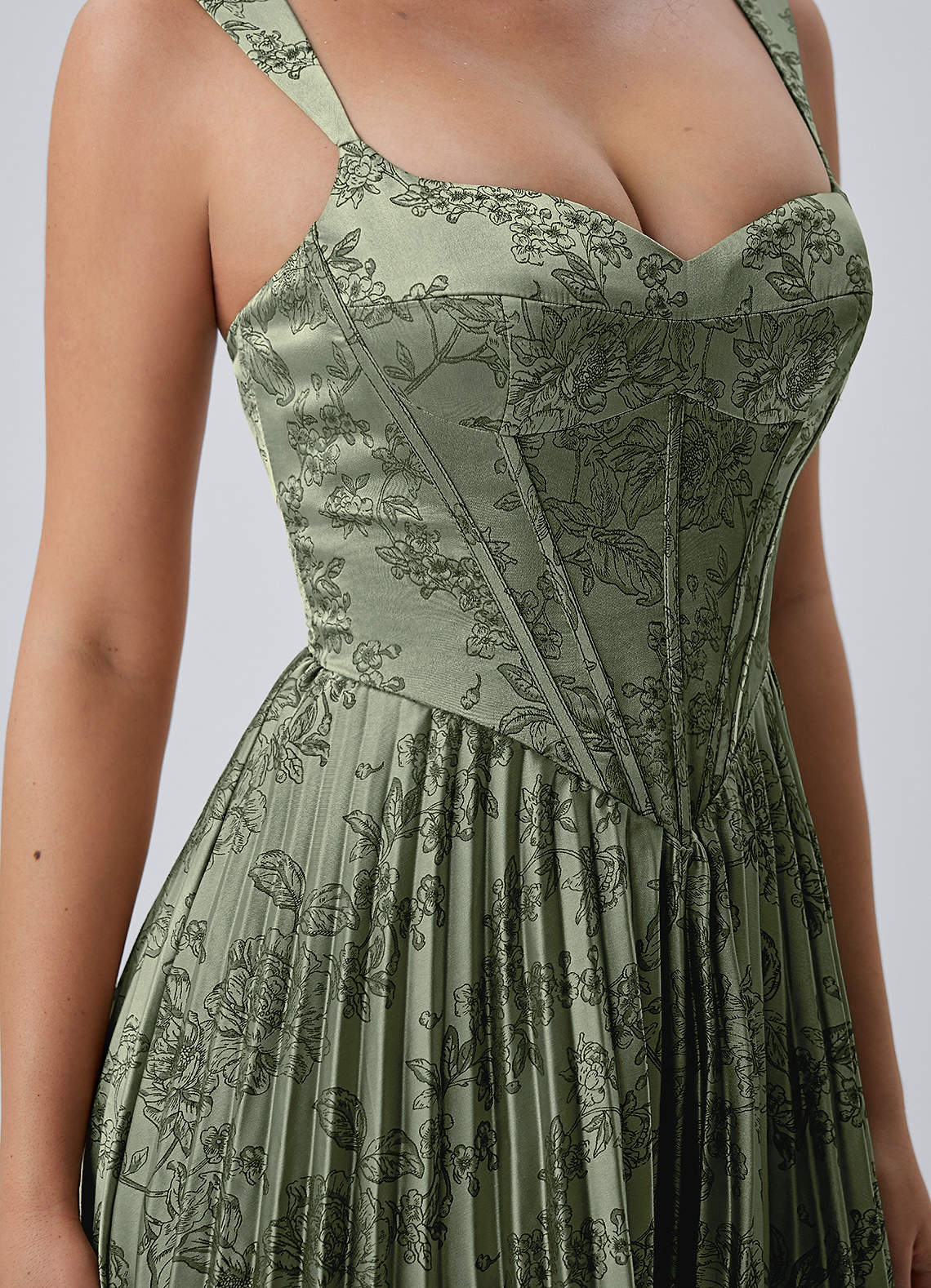 Jade A-Line Mini Corset Floral Satin Prom Dress in Sage Blue