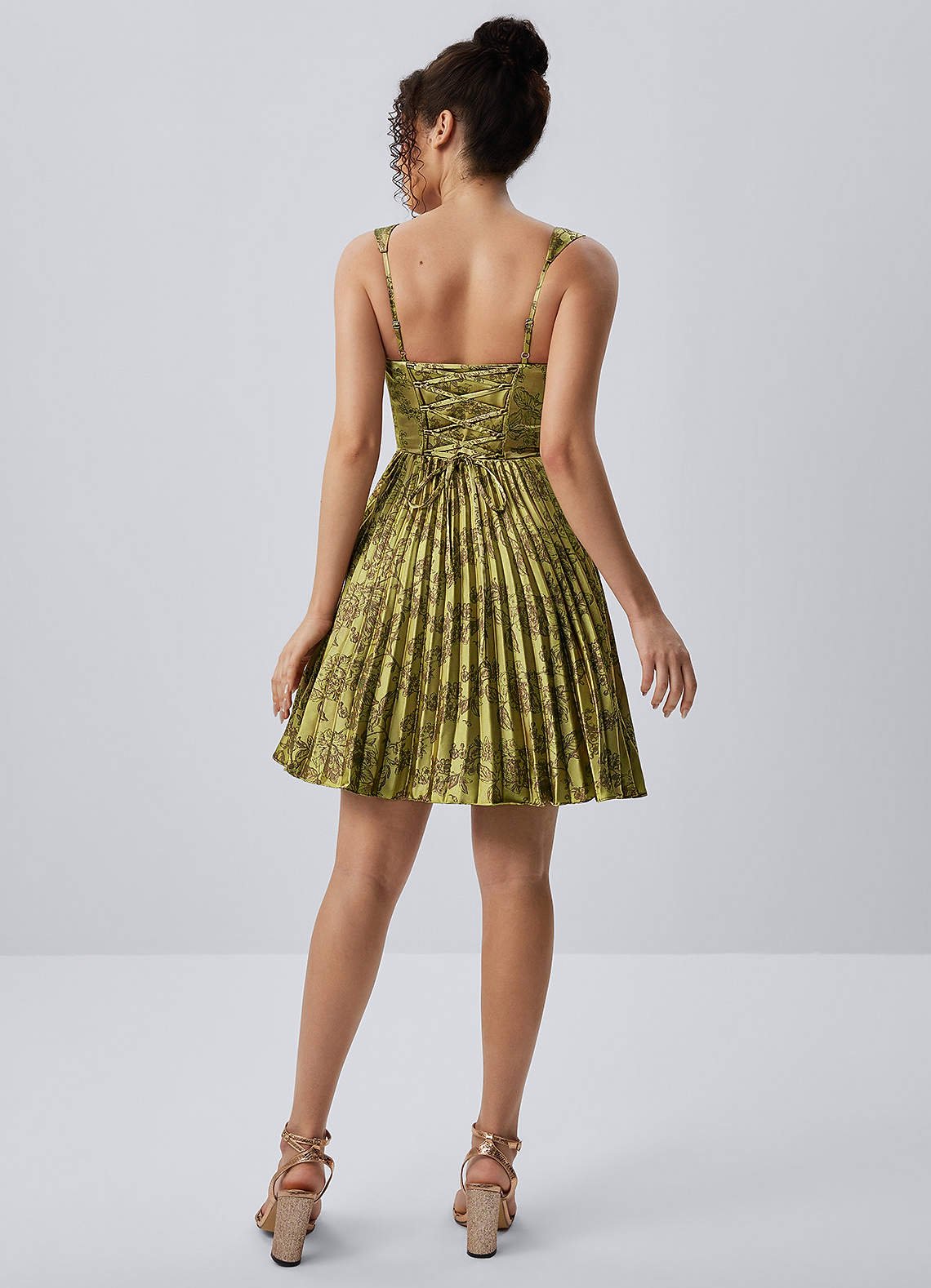 Jade A-Line Mini Corset Floral Satin Prom Dress in Moss Brown