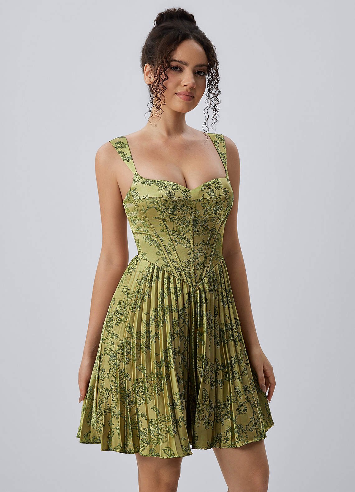 Jade A-Line Mini Corset Floral Satin Prom Dress in Moss Navy