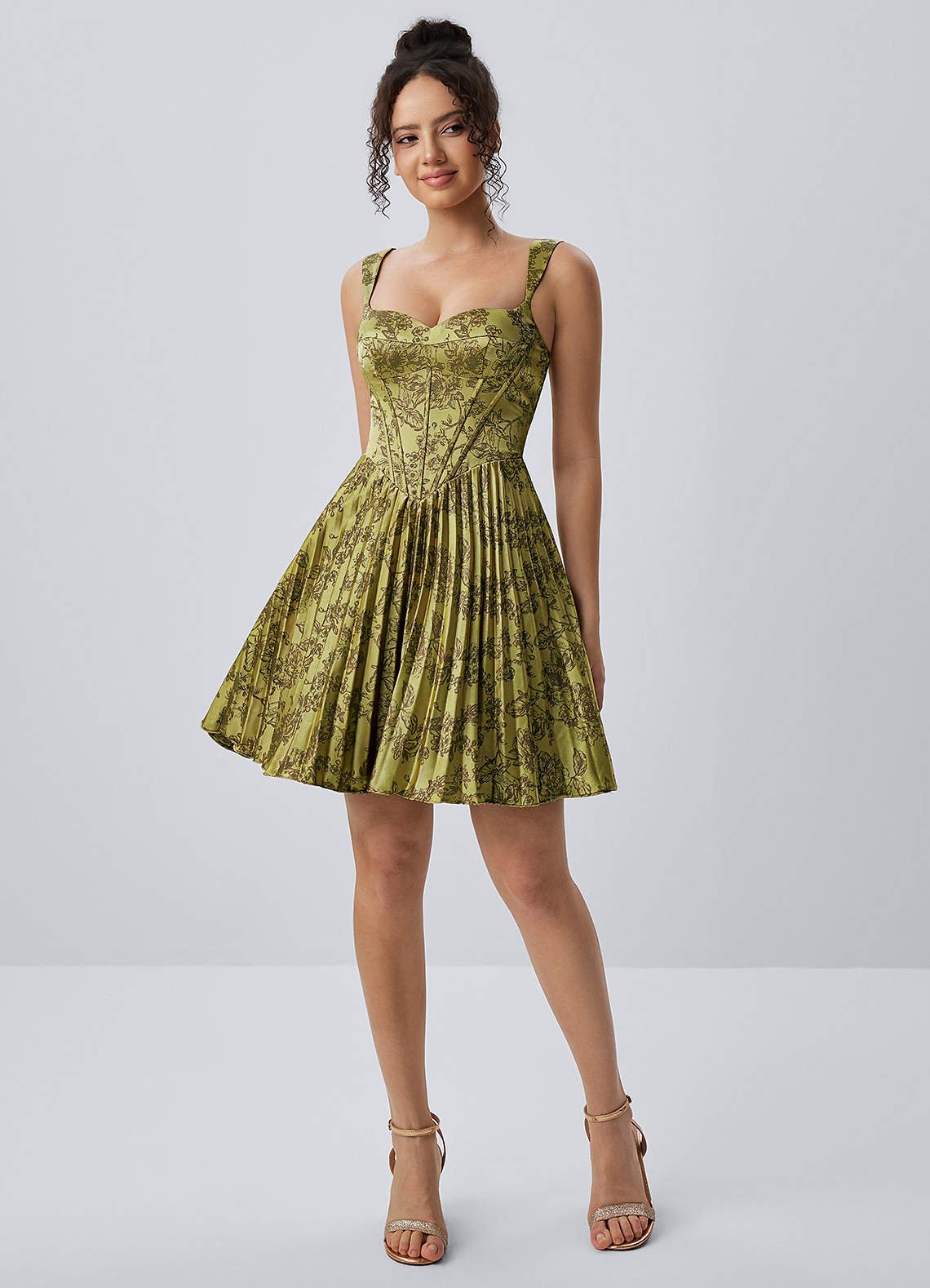 Jade A-Line Mini Corset Floral Satin Prom Dress in Moss Brown