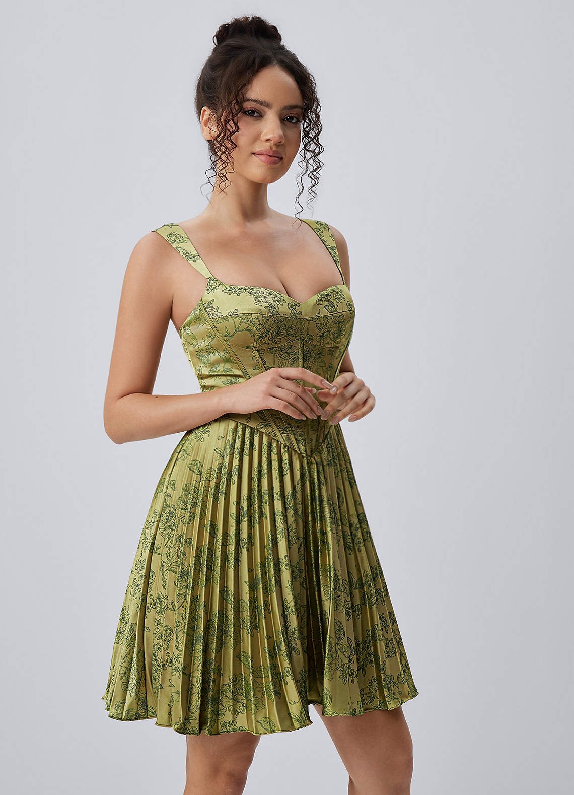 Jade A-Line Mini Corset Floral Satin Prom Dress in Moss Navy