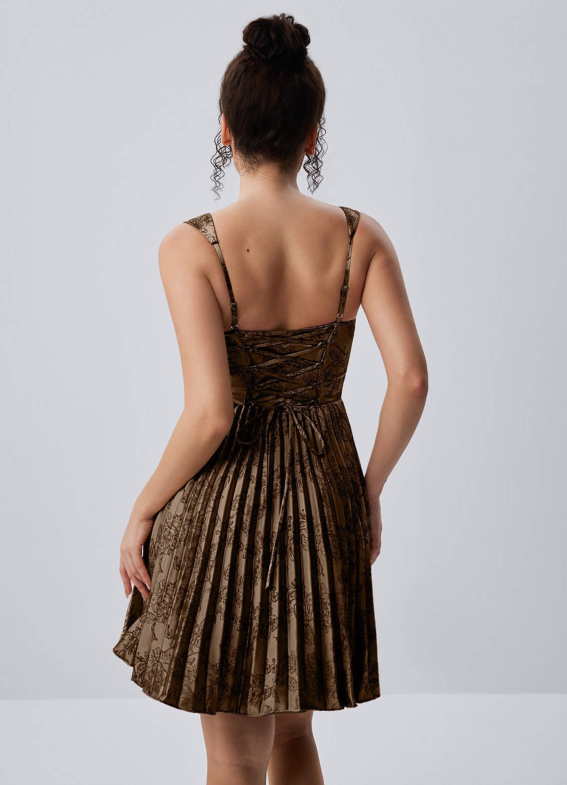 Jade A-Line Mini Corset Floral Satin Prom Dress in Coffee Brown