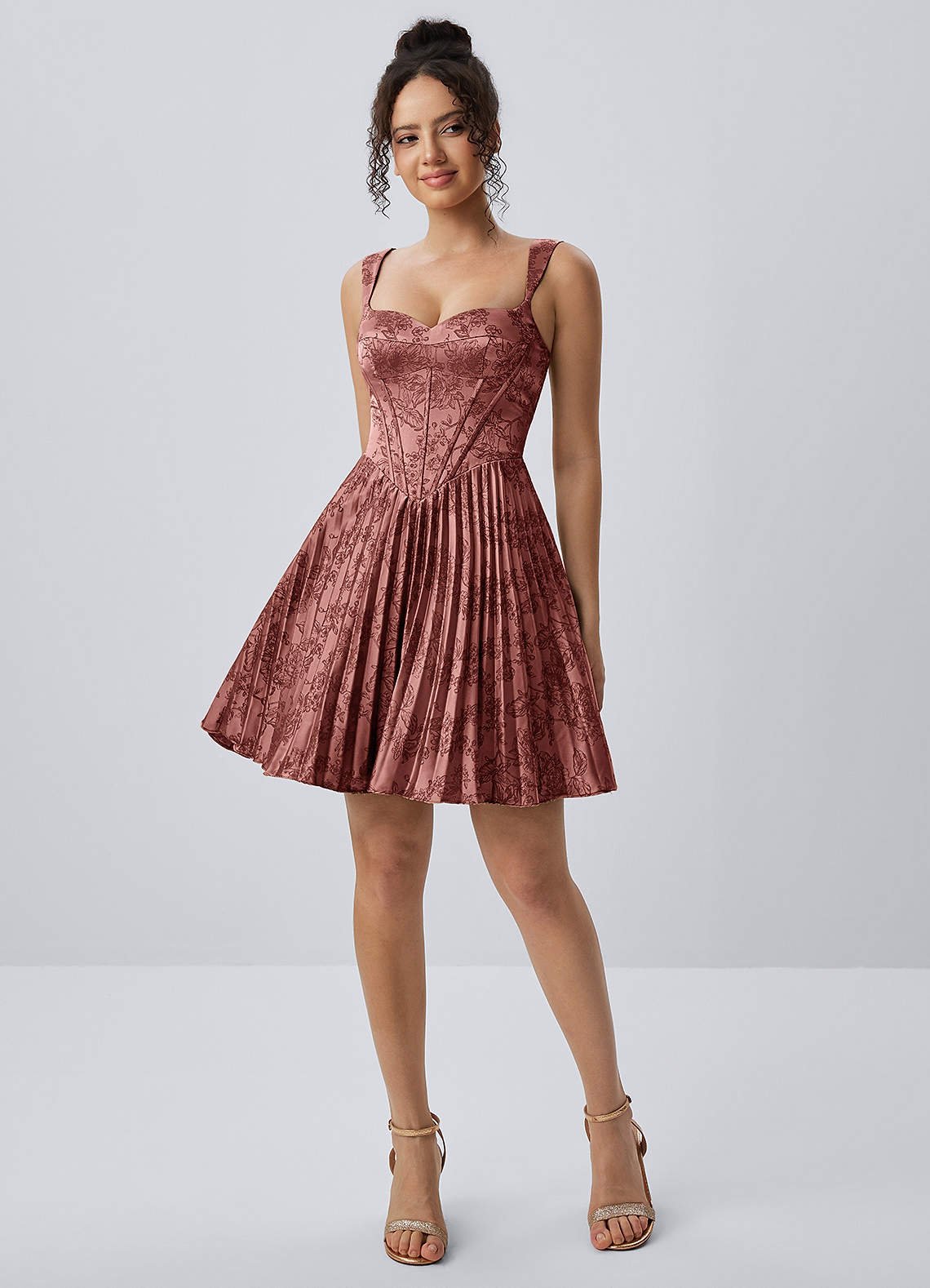 Jade A-Line Mini Corset Floral Satin Prom Dress in Vintage Rose