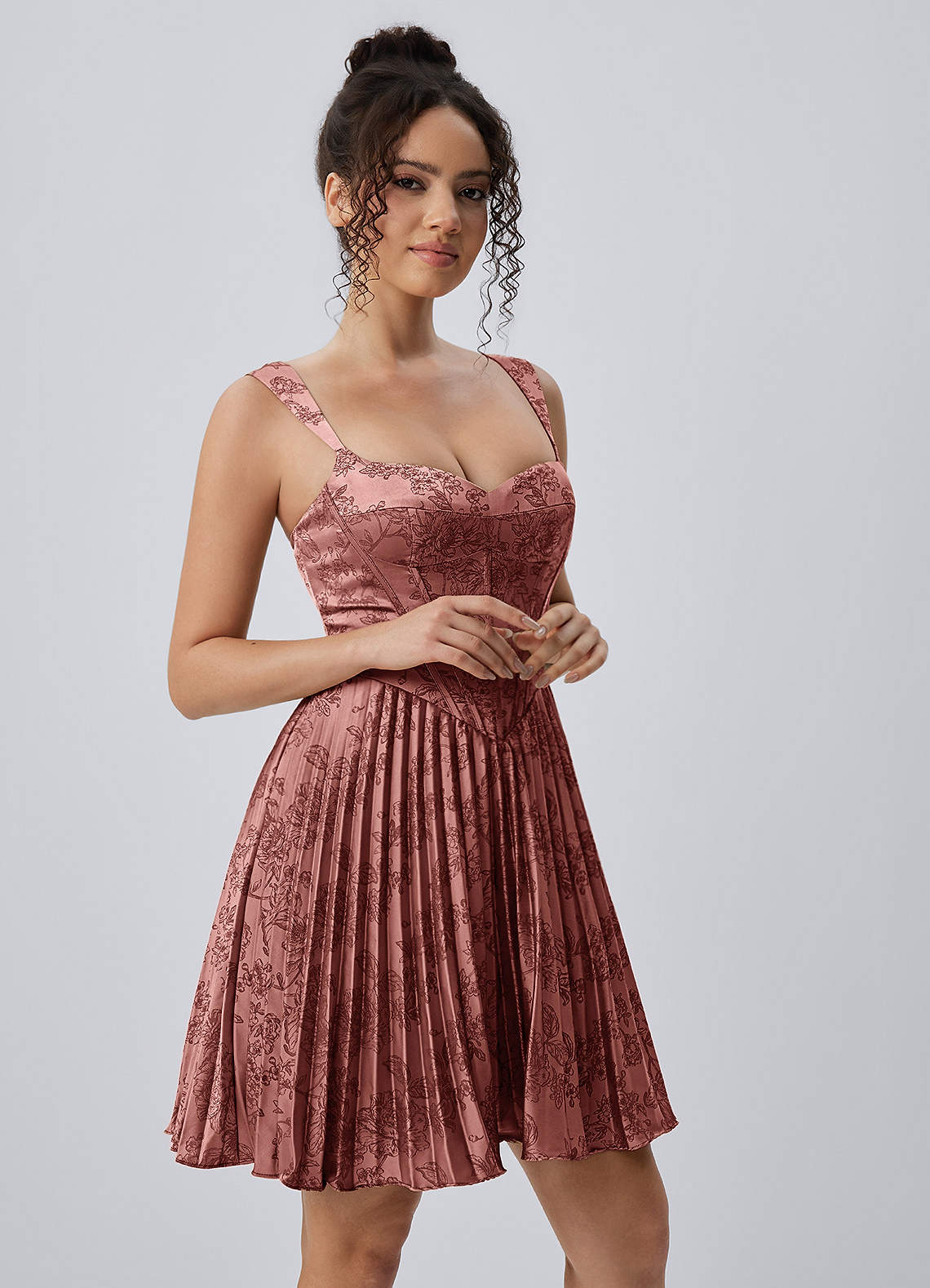 Jade A-Line Mini Corset Floral Satin Prom Dress in Vintage Rose