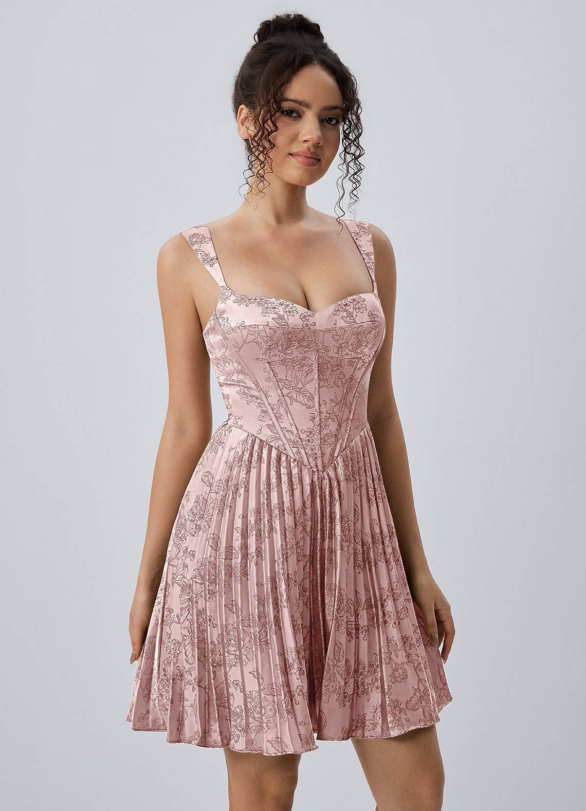 Jade A-Line Mini Corset Floral Satin Prom Dress in Pink