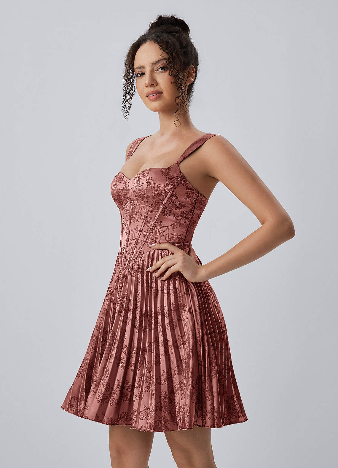 Jade A-Line Mini Corset Floral Satin Prom Dress in Vintage Rose