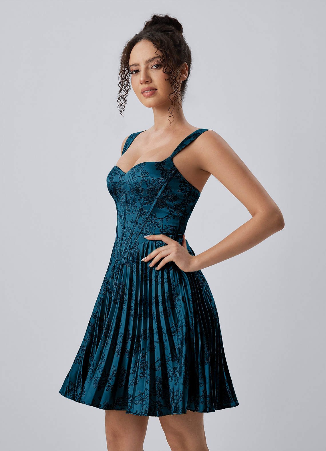 Jade A-Line Mini Corset Floral Satin Prom Dress in Navy Black