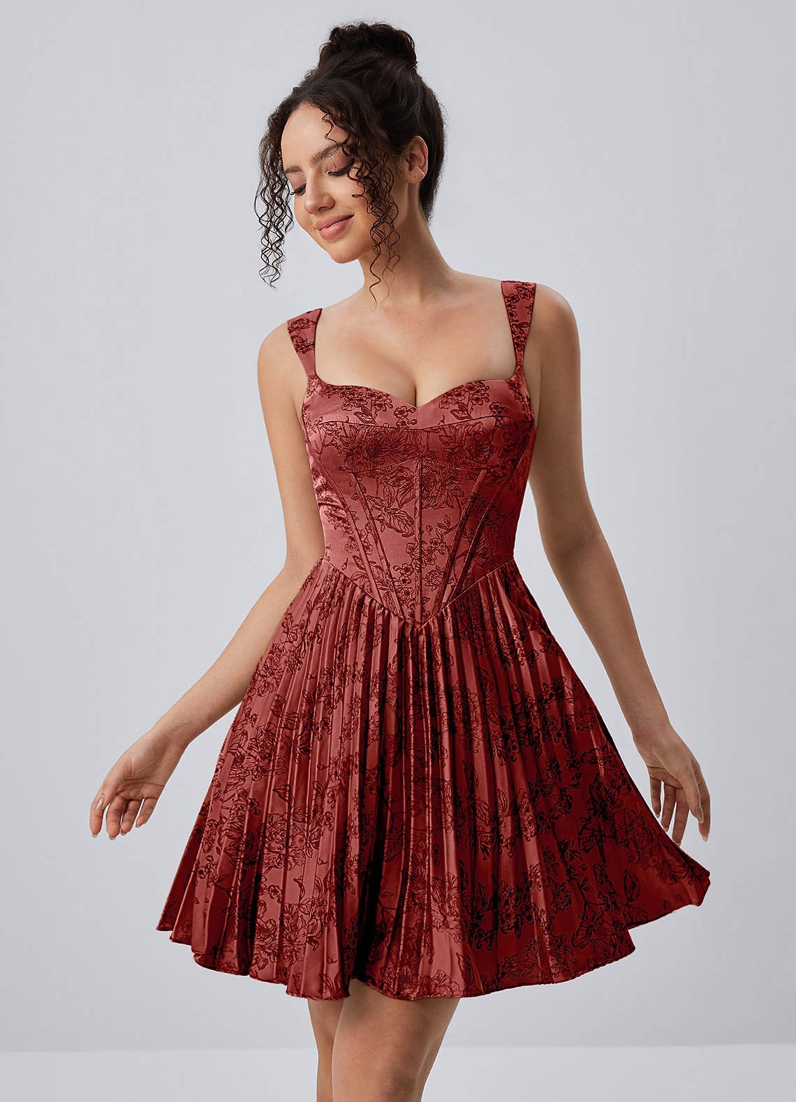 Jade A-Line Mini Corset Floral Satin Prom Dress in Green Brown