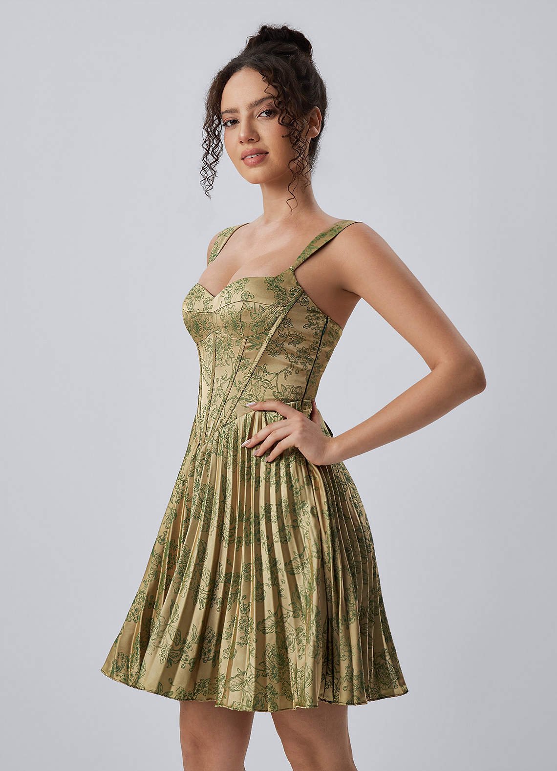 Jade A-Line Mini Corset Floral Satin Prom Dress in Green Brown