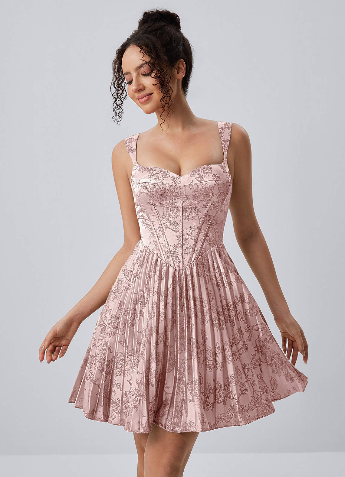 Jade A-Line Mini Corset Floral Satin Prom Dress in Green Brown