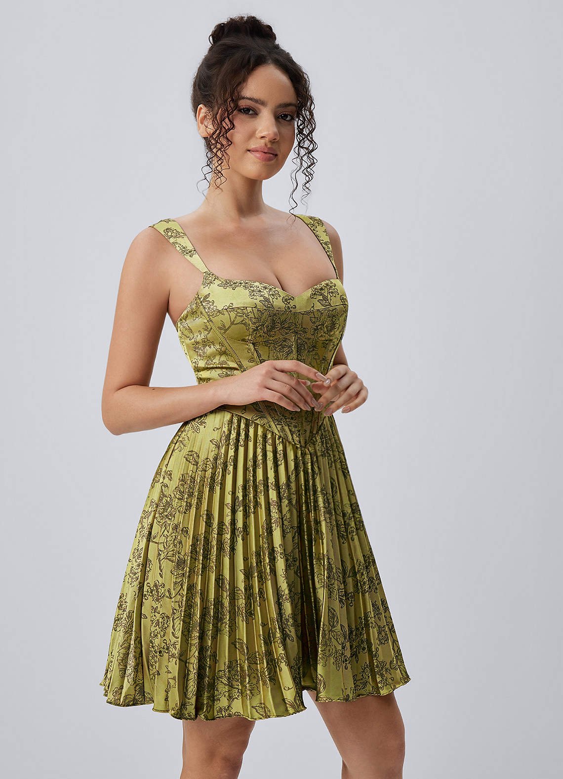 Jade A-Line Mini Corset Floral Satin Prom Dress in Moss Brown