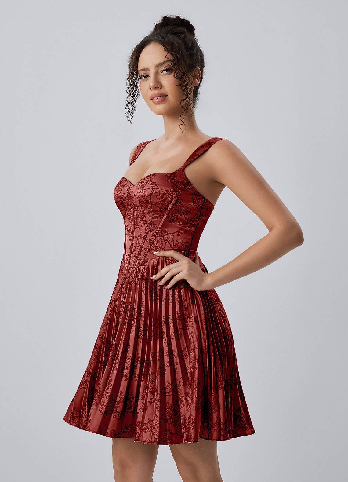 Jade A-Line Mini Corset Floral Satin Prom Dress in Orange Red