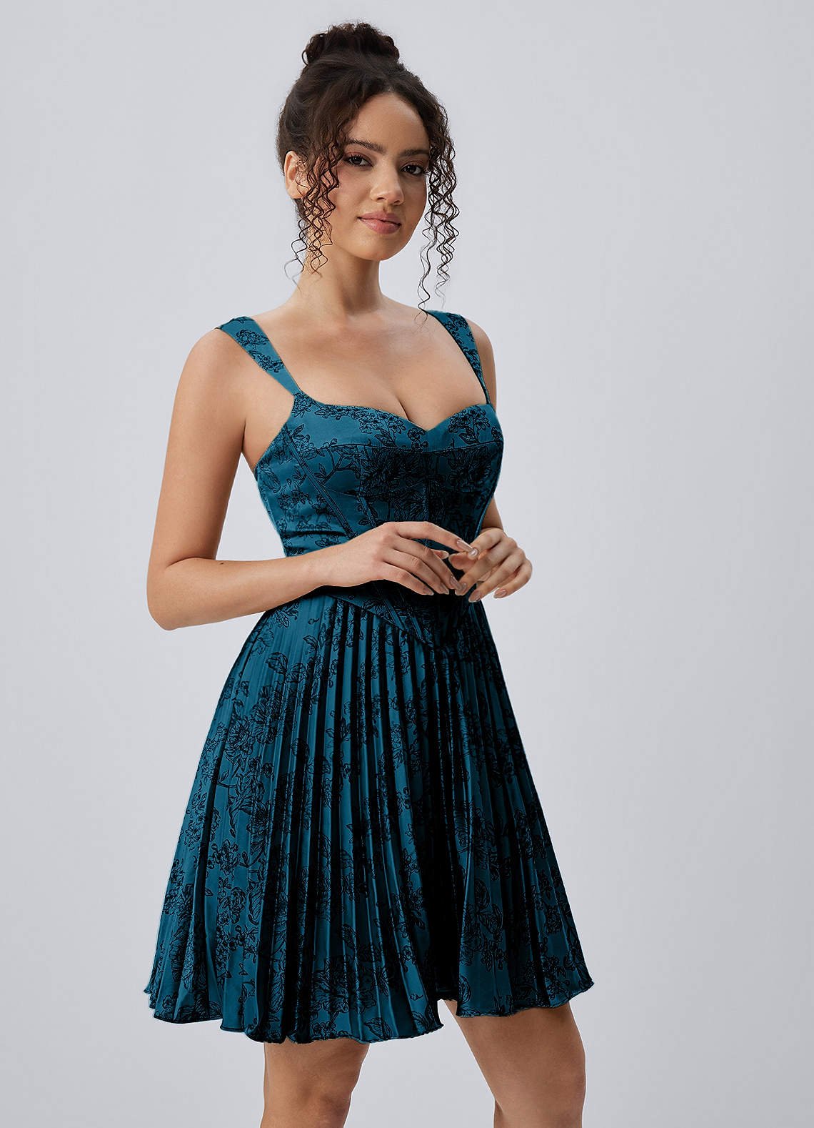 Jade A-Line Mini Corset Floral Satin Prom Dress in Navy Black