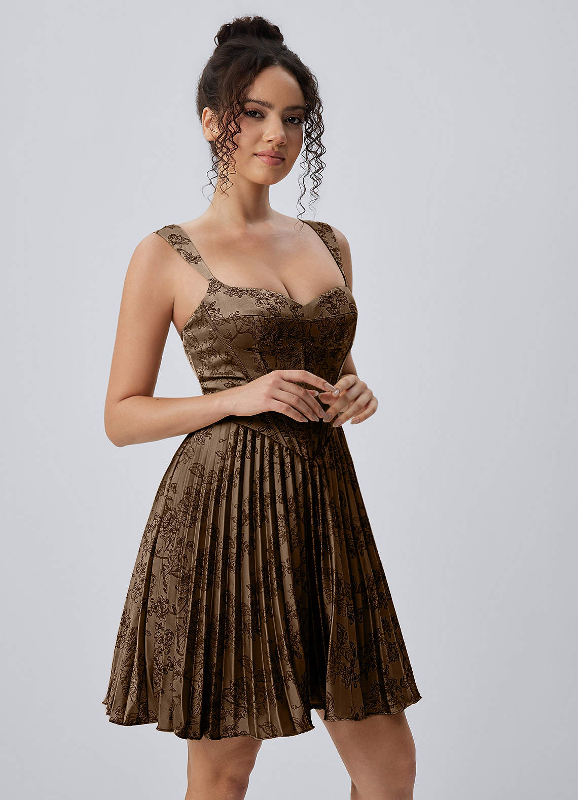 Jade A-Line Mini Corset Floral Satin Prom Dress in Coffee Brown