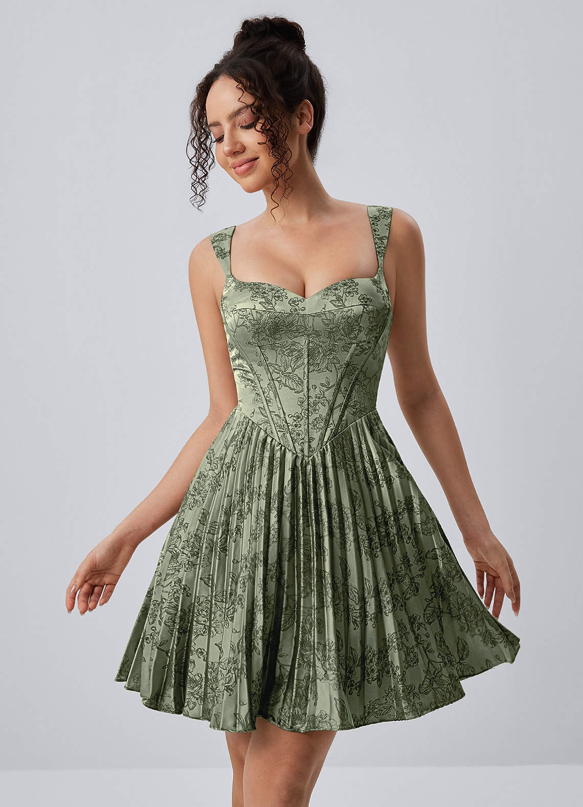 Jade A-Line Mini Corset Floral Satin Prom Dress in Green Brown