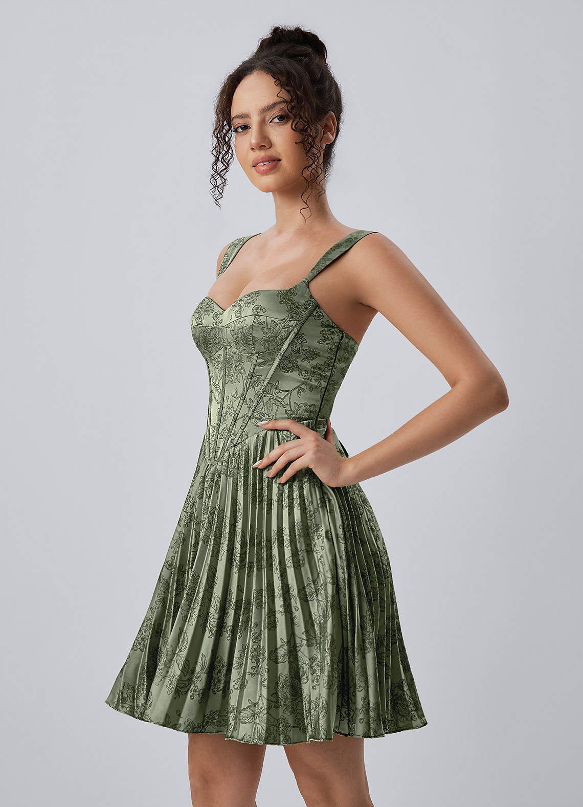 Jade A-Line Mini Corset Floral Satin Prom Dress in Sage Blue