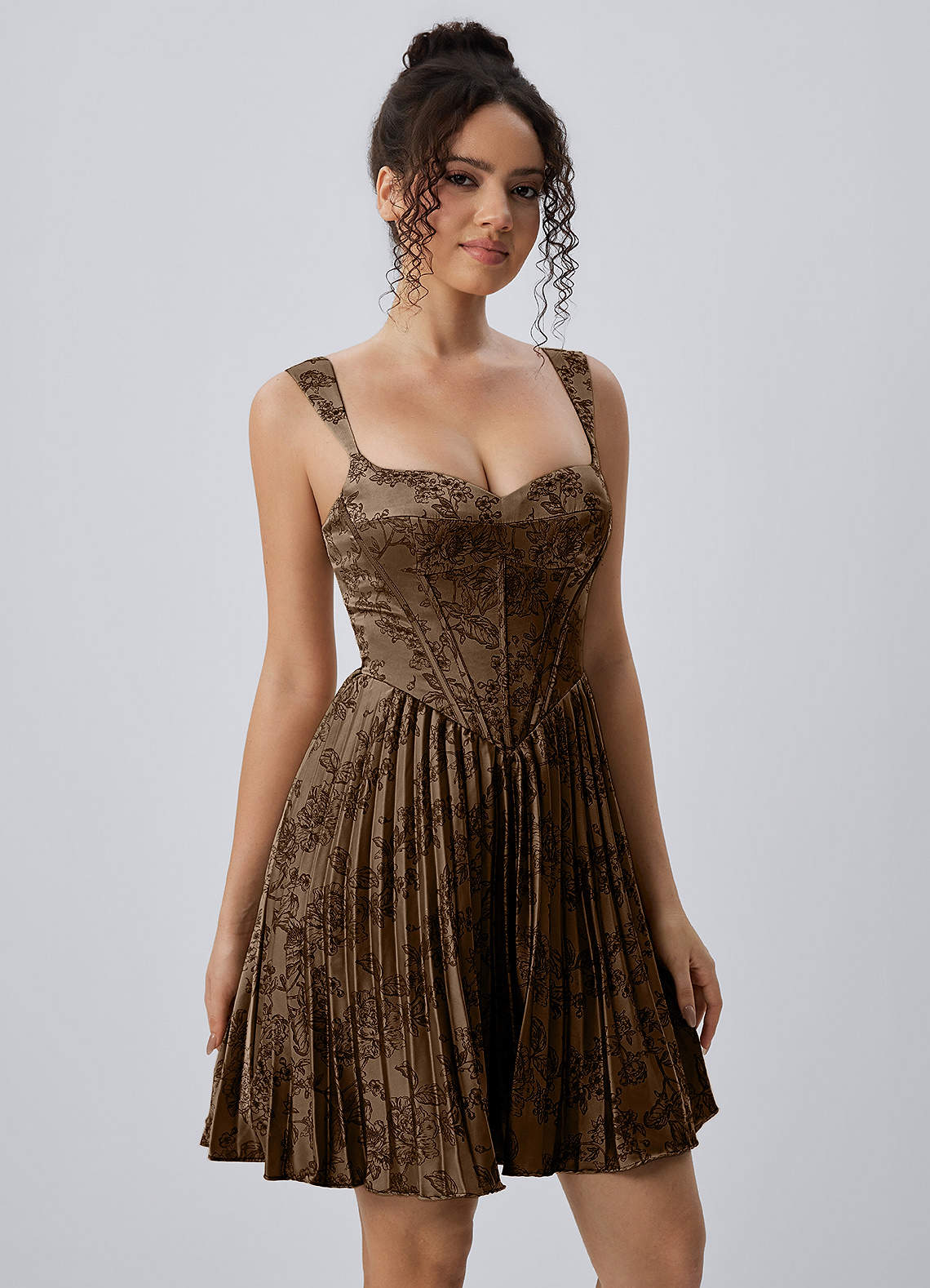 Jade A-Line Mini Corset Floral Satin Prom Dress in Coffee Brown