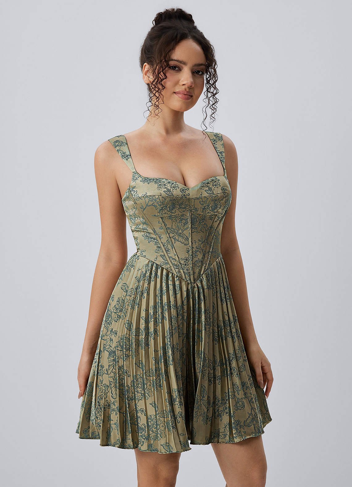 Jade A-Line Mini Corset Floral Satin Prom Dress in Platinum Teal