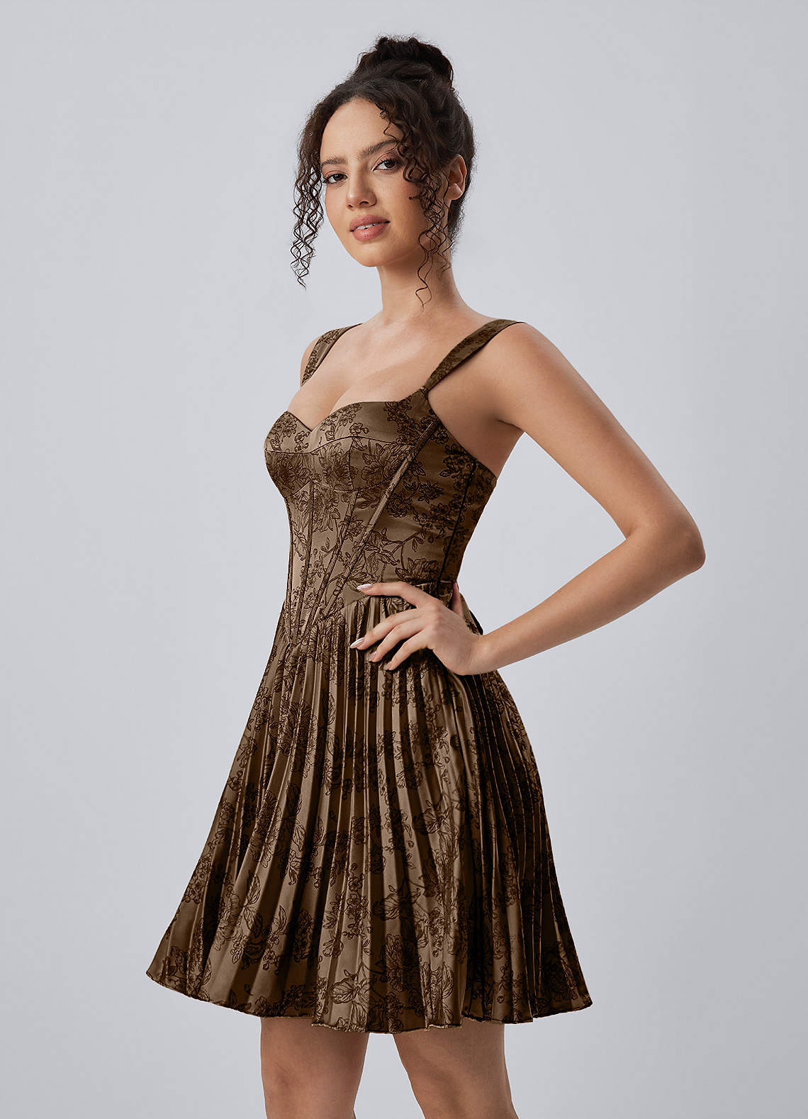 Jade A-Line Mini Corset Floral Satin Prom Dress in Coffee Brown