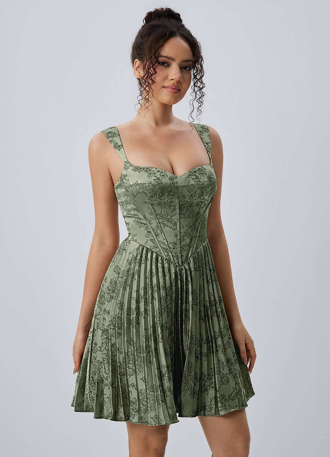 Jade A-Line Mini Corset Floral Satin Prom Dress in Sage Blue