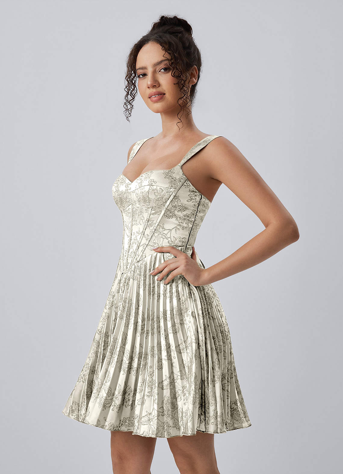 Jade A-Line Mini Corset Floral Satin Prom Dress in Cream