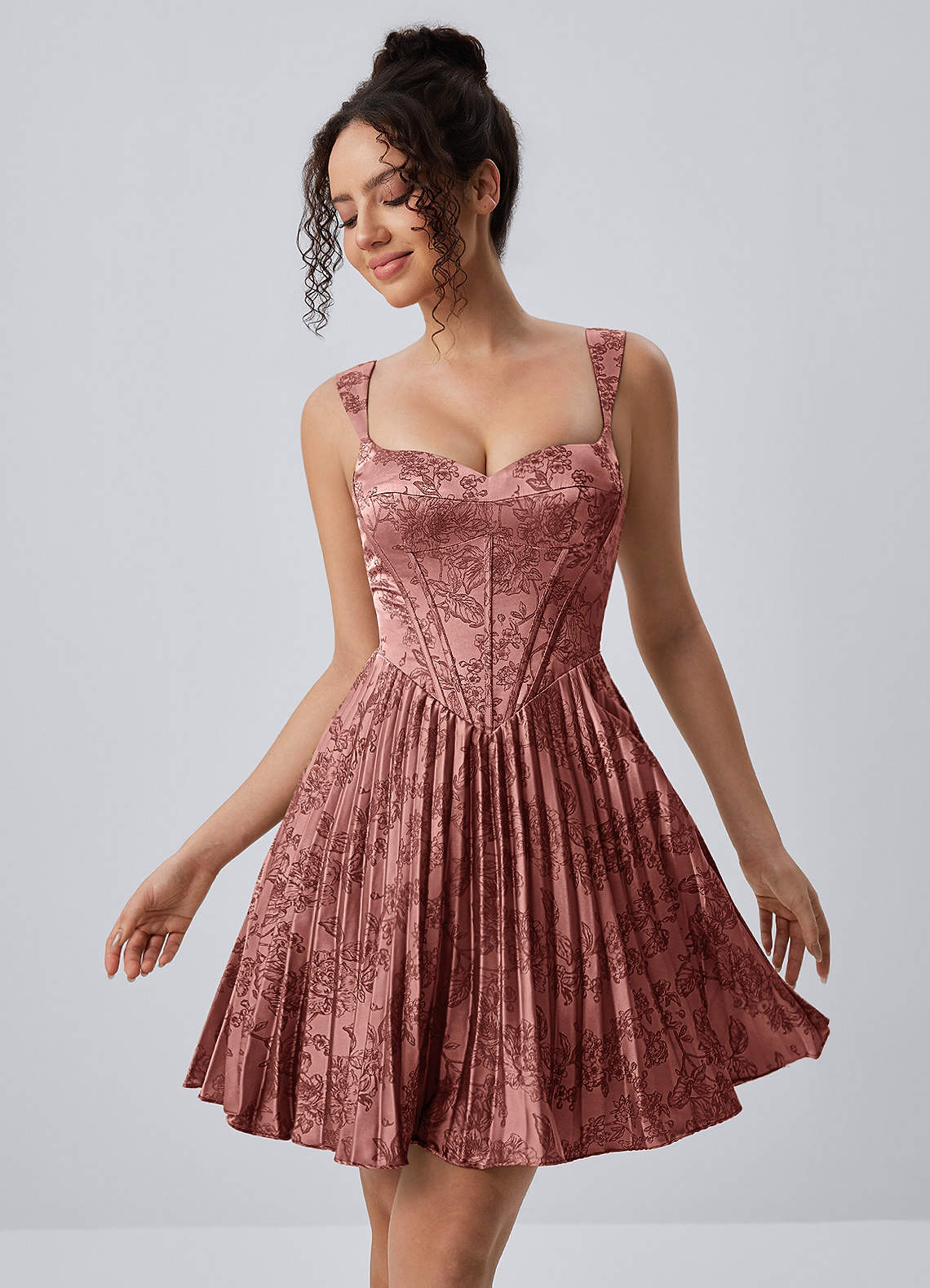 Jade A-Line Mini Corset Floral Satin Prom Dress in Green Brown