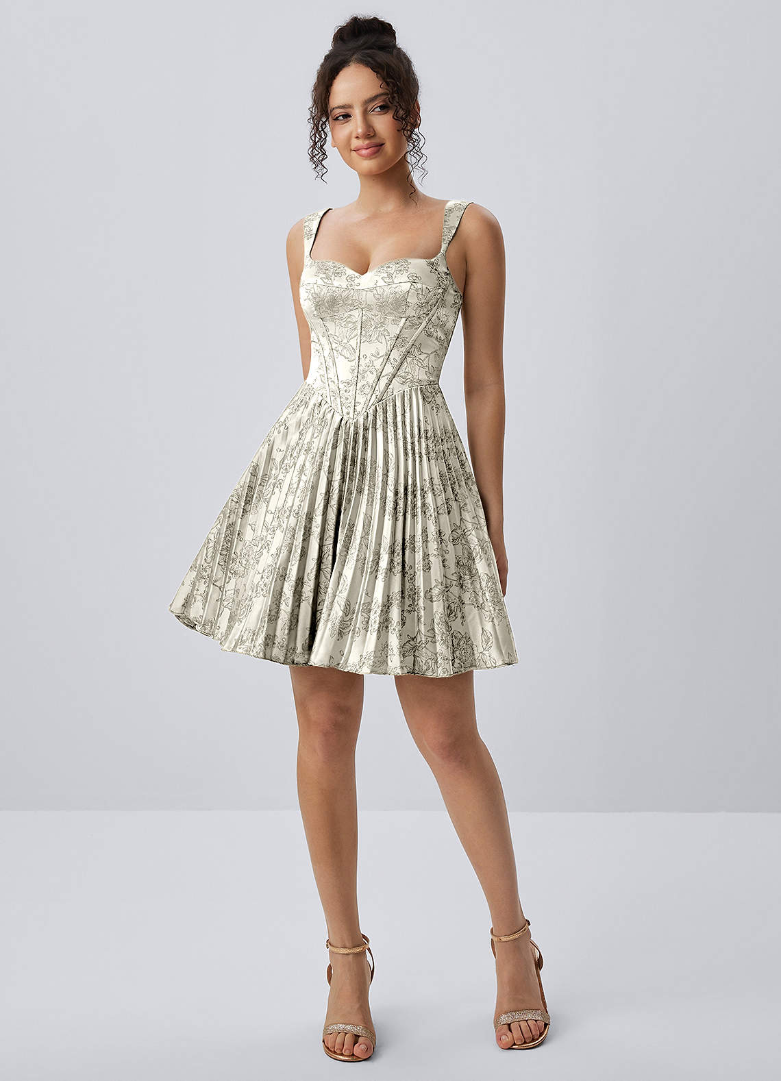 Jade A-Line Mini Corset Floral Satin Prom Dress in Cream