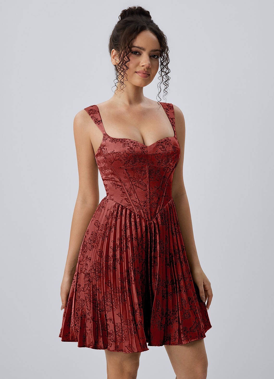 Jade A-Line Mini Corset Floral Satin Prom Dress in Orange Red