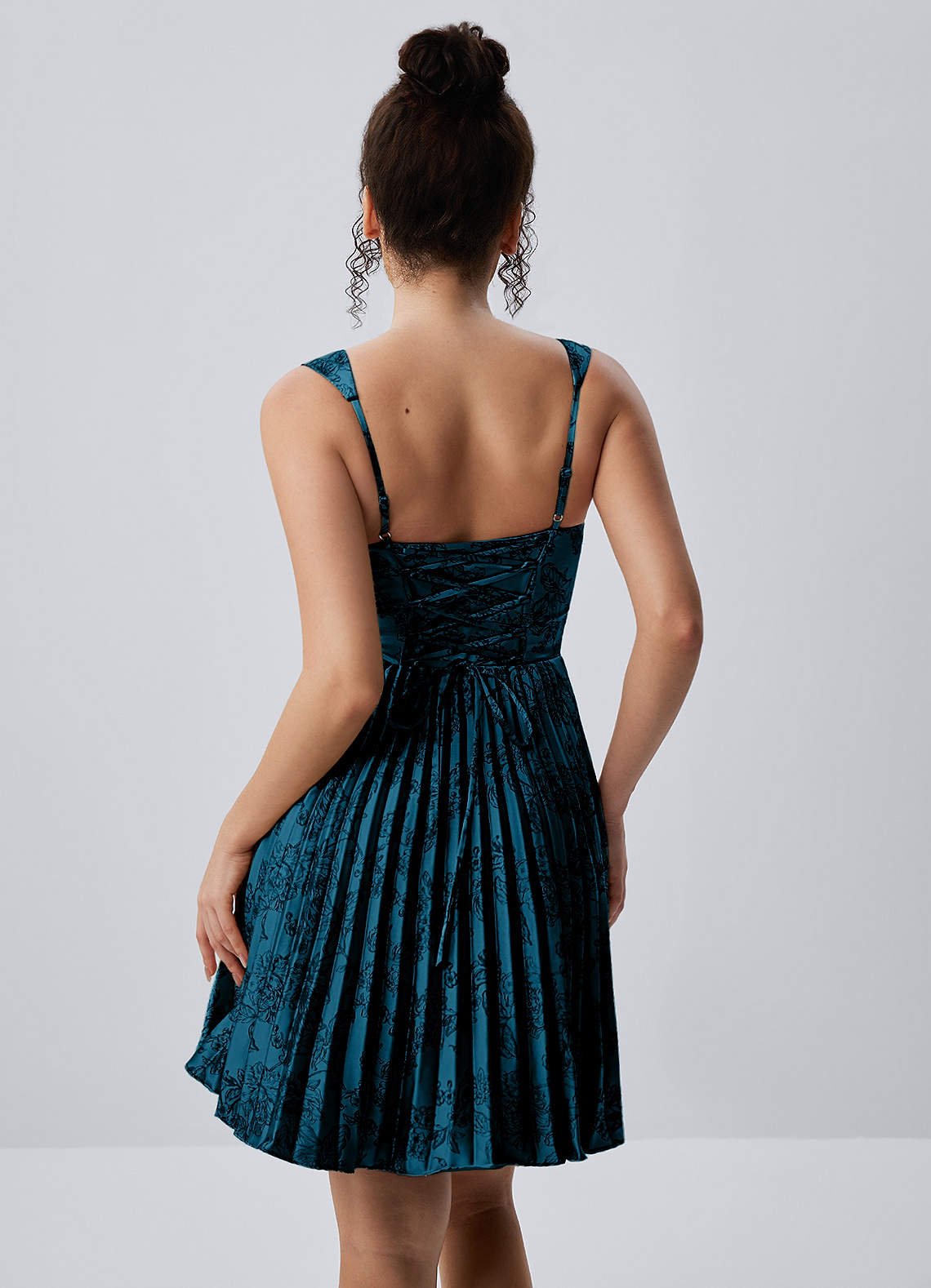 Jade A-Line Mini Corset Floral Satin Prom Dress in Navy Black