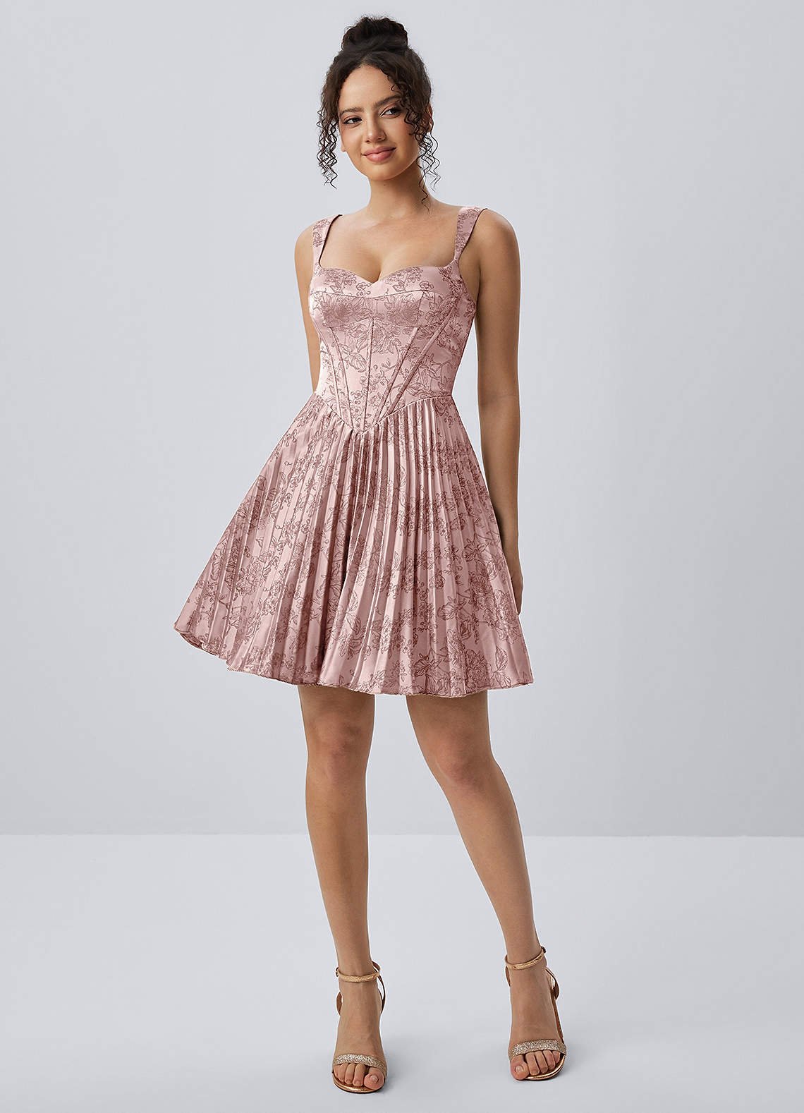 Jade A-Line Mini Corset Floral Satin Prom Dress in Pink